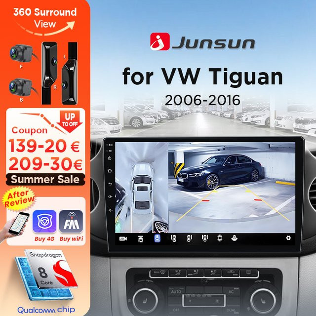 Junsun 8-Kern Autoradio mit 360° Panoramakamera, kabellosem CarPlay, Android Auto und GPS für VW Volkswagen Tiguan 1 NF 2006–2016, Schwarz - Bild 1