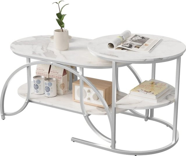 PXloue Satztisch in Silber mit Marmoroptik für dein Wohnzimmer, Set aus 2 Couchtischen, B/T/H: 80 x 60 x 46 cm und 45 x 45 x 46 cm - Bild 1