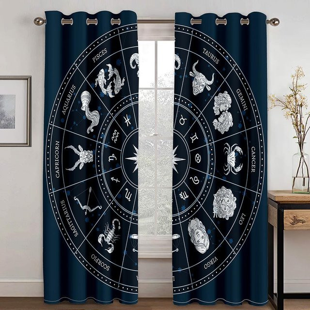 Zweiteiliges Vorhang-Set mit Wolfskopf und Kompass-Symbol in Schwarz und Blau, semi-transparent, Polyester, Breite: 50 cm, Höhe: 130 cm - Bild 1