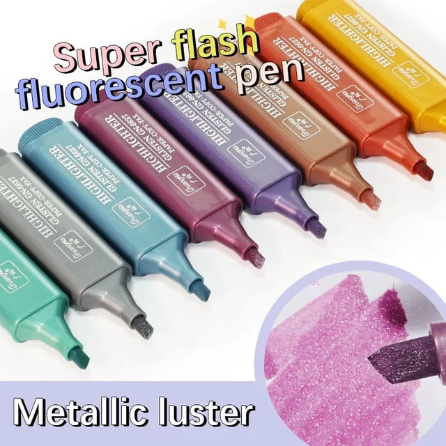 8er Set Metallic Highlighter im Morandi Gold Stil mit Glitter-Effekt und Keilspitze für Journaling und Graffiti, Multicolour - Bild 1