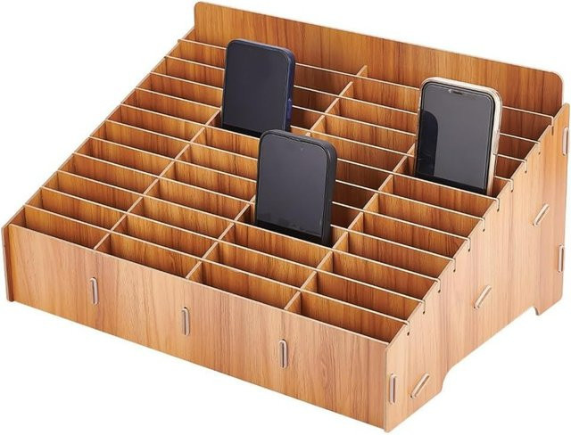 Holz Handy Aufbewahrungsbox mit 48 Gittern als Schreibtisch-Organizer in Braun für Büro und Schule - Bild 1