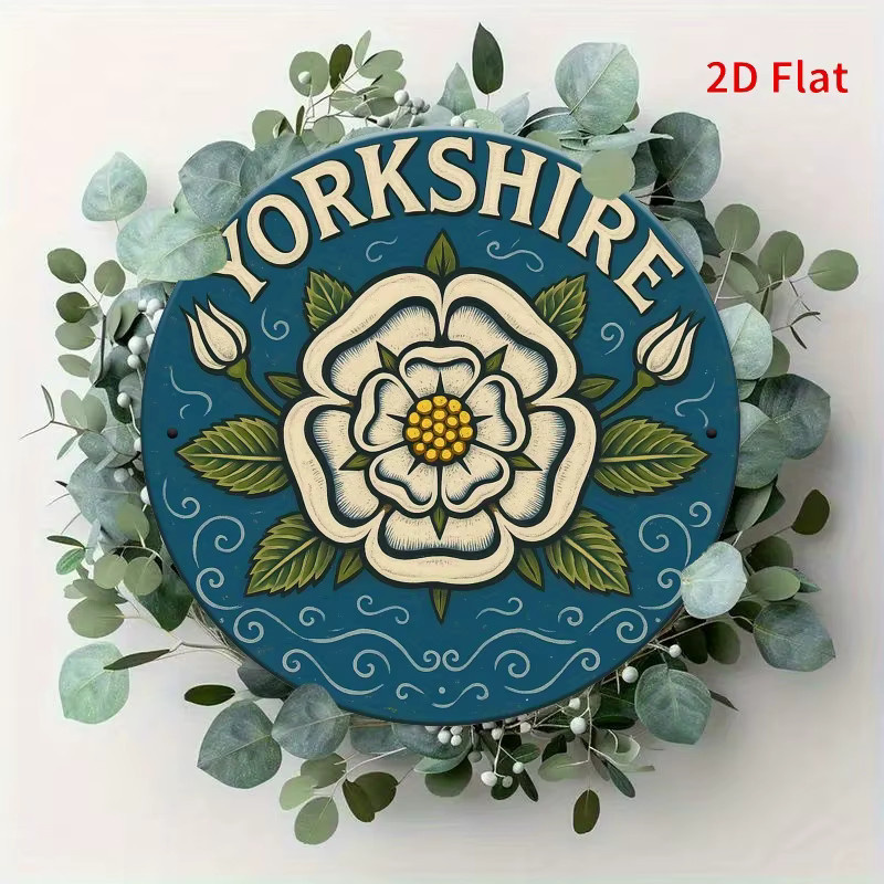 Potdemiel Metallschild Yorkshir White Rose Vintage mit blauem und weißem Blumenmuster, rund, Durchmesser: 19,81 cm - Bild 5