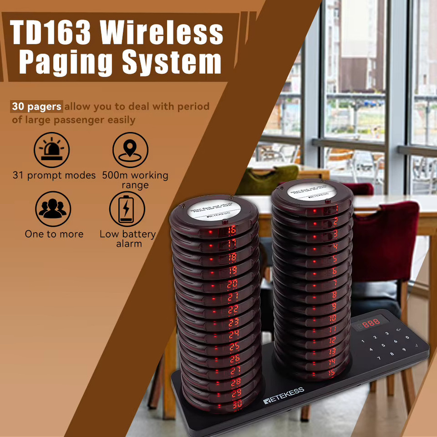 RETEKESS TD163 Drahtloses Restaurant-Rufsystem in Schwarz mit 30 Coaster-Buzzern und Vibrations- sowie Klingelempfängern für Food Truck, Café und Bar - Bild 2