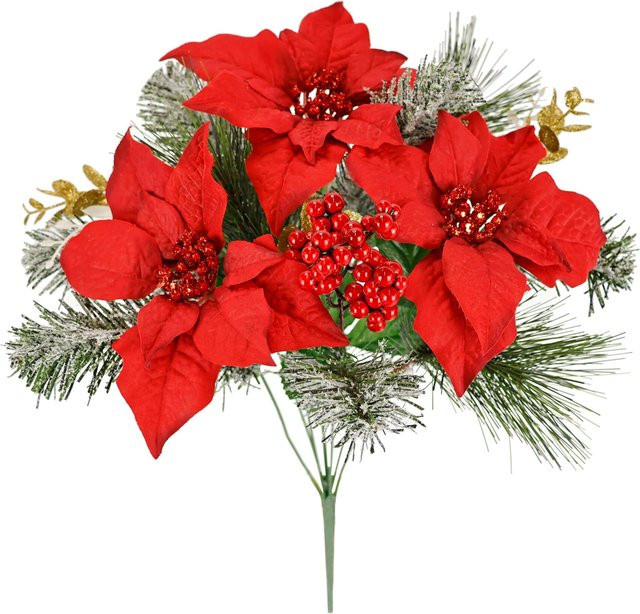 Kunstblumenstrauß Weihnachtsstern-Mix in Rot für Advent und Weihnachten aus Textil - Bild 1