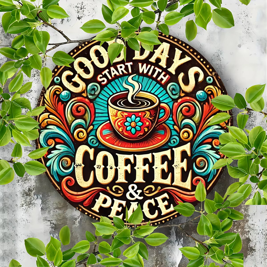 Potdemiel Vintage-Metallwandkunst Coffee & Peace, runder Retro-Kranzdekor mit Kaffeetassen-Design und floralem Muster, Mehrfarbig, Durchmesser: 20,3 cm - Bild 3