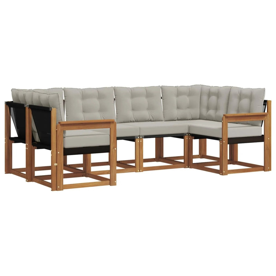 vidaXL Outdoor-Sofagarnitur 6-teilig L-Form aus Akazienholz und Textilene in Natur und Grau mit Kissen - Bild 2