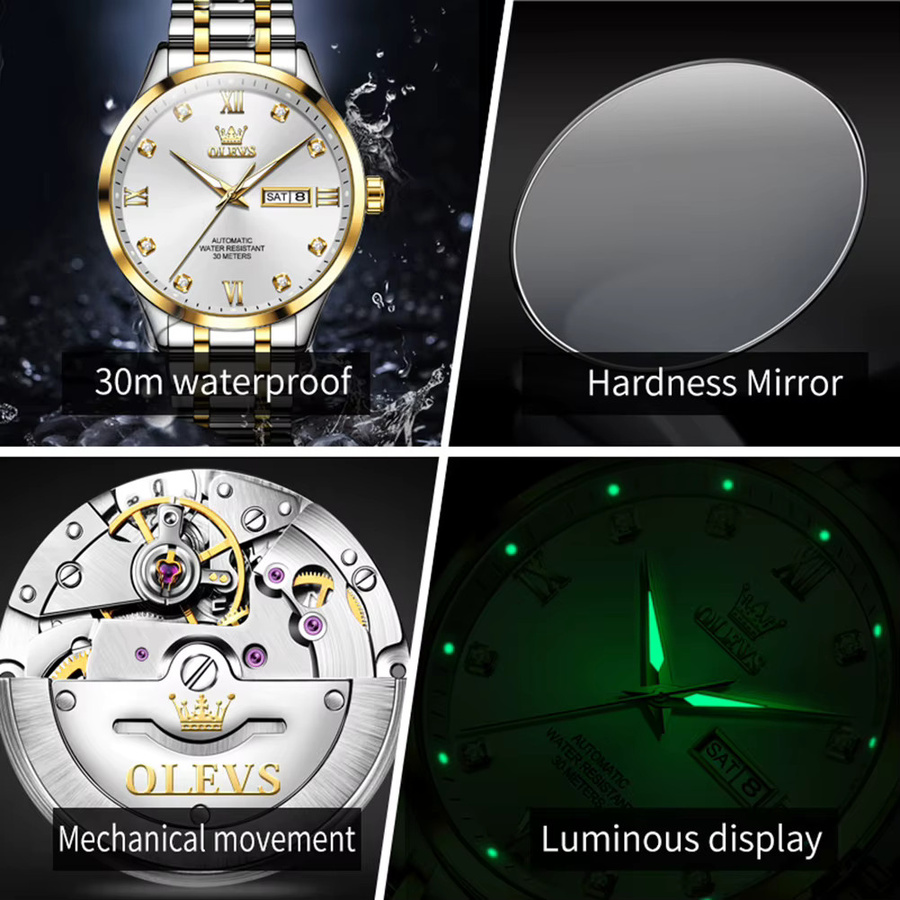 OLEVS Armbanduhr Automatik, Edelstahl, Bicolor, Diamant, Herren - Bild 4