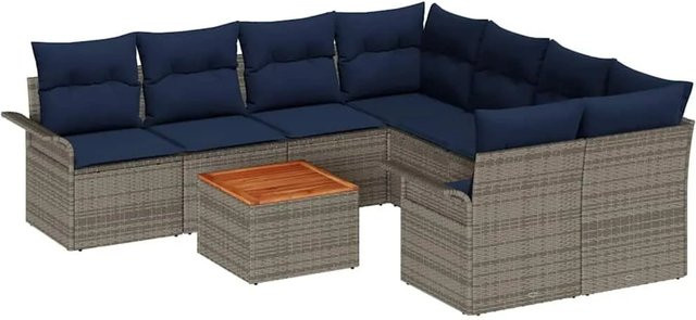 vidaXL Gartensofa-Set aus Poly-Rattan in Grau und Marineblau mit 9 Teilen, bestehend aus Ecksofas, Mittelsofas, Armlehnensofas und einem Gartentisch, inklusive wetterfesten Polsterkissen - Bild 1