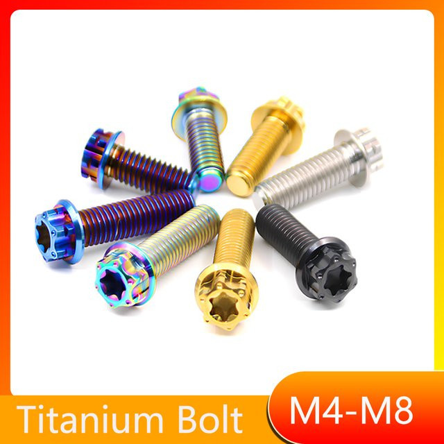 Titan-Schrauben mit Torx-Kopf und Flansch für Fahrrad- und Motorradumbauten, erhältlich in den Größen M4, M5, M6, M8 und verschiedenen Längen, Farben: Blau, Lila oder Mehrfarbig - Bild 1