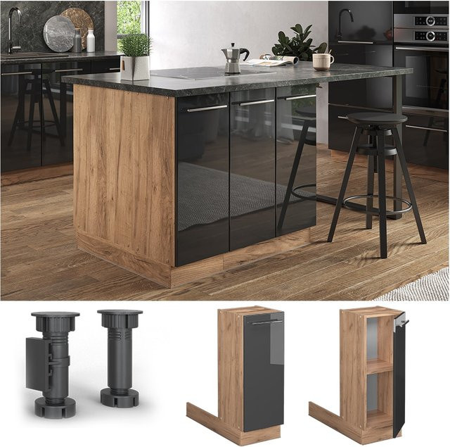 Vicco Küchenunterschrank Fame-Line Hochglanz Eiche Anthrazit mit Drehtür und Einlegeboden Breite: 30 cm - Bild 1