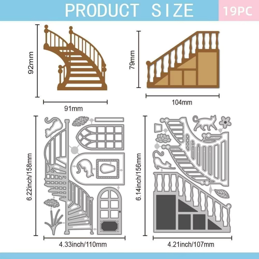 Silberne Stanzformen für Scrapbooking und Bastelarbeiten mit Katzen- und Pflanzenmotiven sowie Treppen- und Fensterformen für Papier und Tagebücher - Bild 2