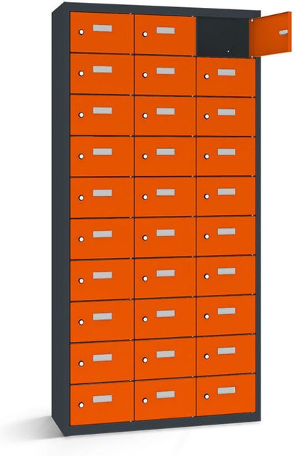 rotstahl Wertfachschrank mit 30 Fächern, Korpus Anthrazitgrau und Türen Orange, B/T/H: 87,5 x 30 x 180 cm - Bild 1