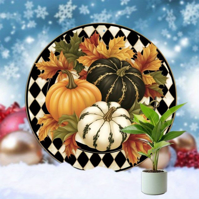 Willkommensschild Hello Young Vintage Autumn Pumpkins – runder Aluminiumkranz in mehrfarbigem Design, Durchmesser: 20,3 cm - Bild 1