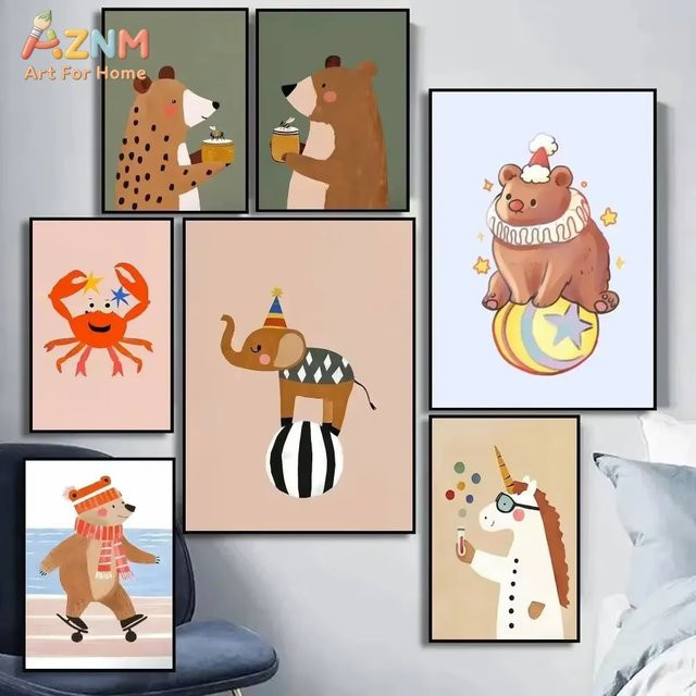 Kayou Abstrakte Leinwandkunst Zirkustiere Wandbild mit Bär, Elefant, Biene, Einhorn und Tiger in Mehrfarbig - Bild 1