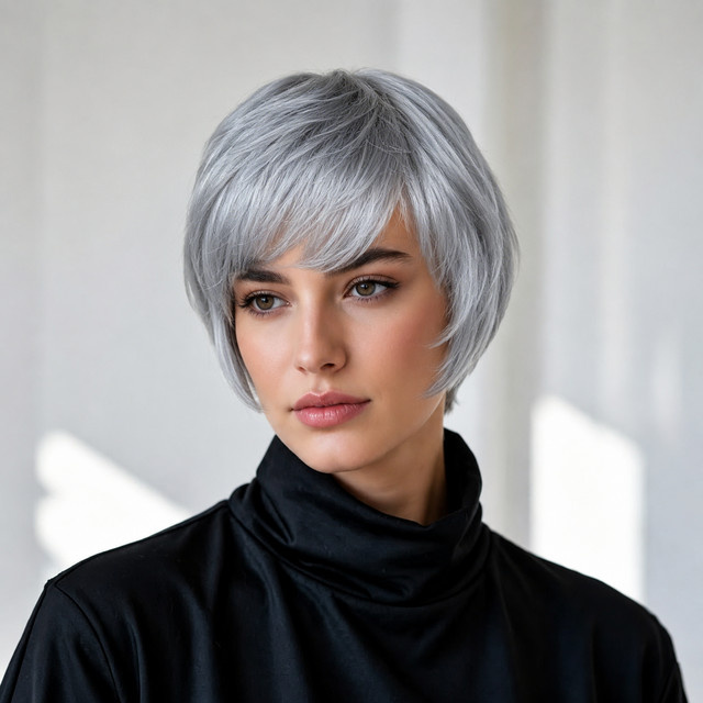 OYM HAIR Pixie-Schnitt-Perücke, kurz, glatt, Echthaar, grau, Damen - Bild 1