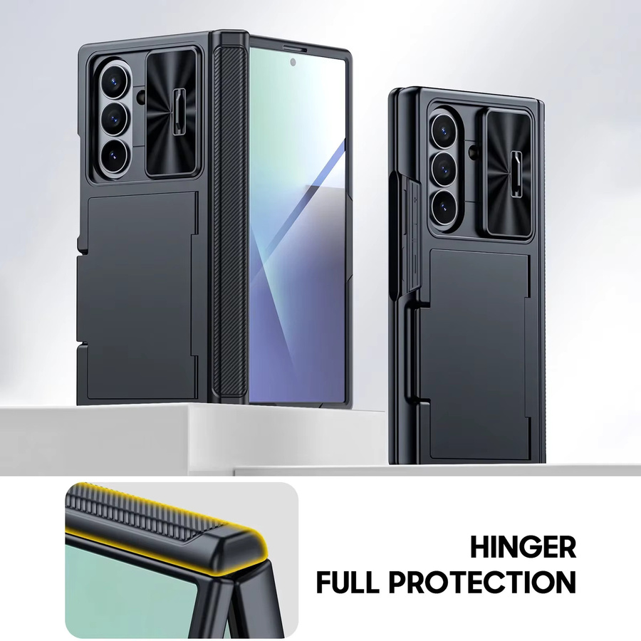 BANGZAO Stoßfeste Handyhülle für Galaxy Z Fold 7 mit Kartenhalter, Schiebe-Kameraabdeckung und RFID-Blockierung in Schwarz - Bild 3