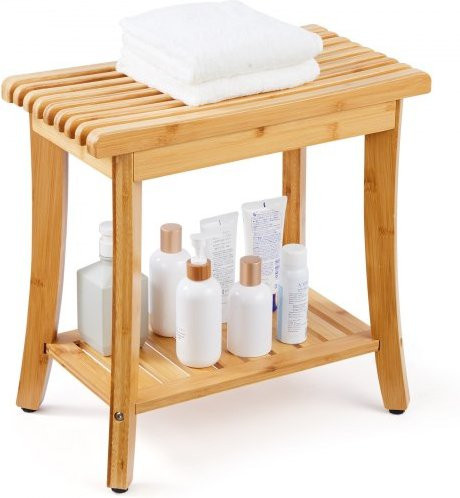VEVOR Duschbank aus Bambus in Braun mit Ablagegriff und Drainage, B/T/H: 48,6 x 28,8 x 46,6 cm - Bild 1