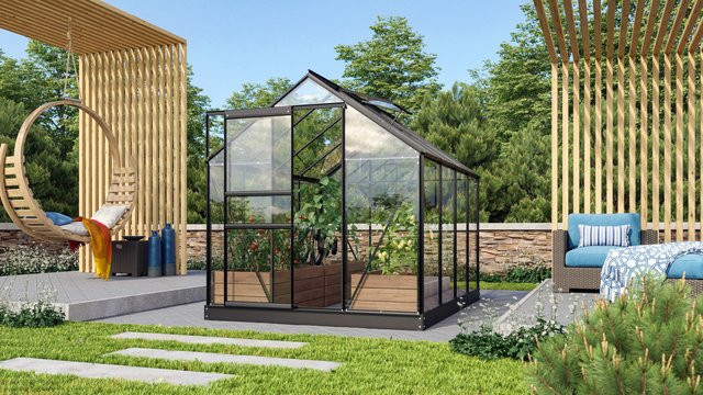 Vitavia Gewächshaus Venus 5000 Schwarz 5 m² mit Einscheibensicherheitsglas und Schiebetür - Bild 1