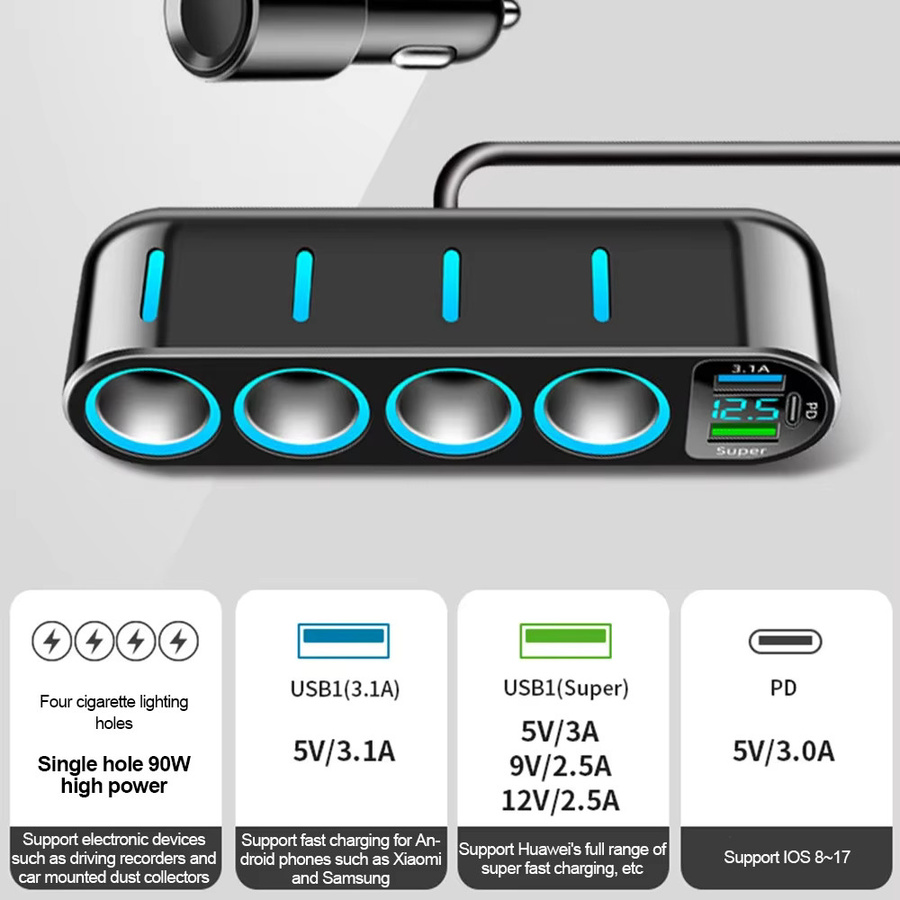 kebidumei 7-in-1 Auto-Schnellladegerät Adapter für 12-24V mit Vierfach-Zigarettenanzünder und Dual USB PD 66W in Schwarz - Bild 5