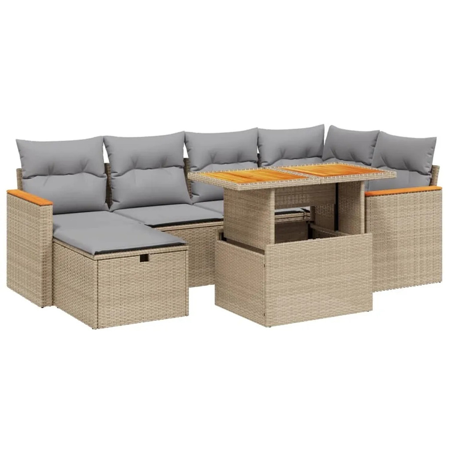 vidaXL 7-tlg Garten-Sofagarnitur aus Polyrattan in L-Form mit Kissen und Couchtisch, Beige - Bild 2