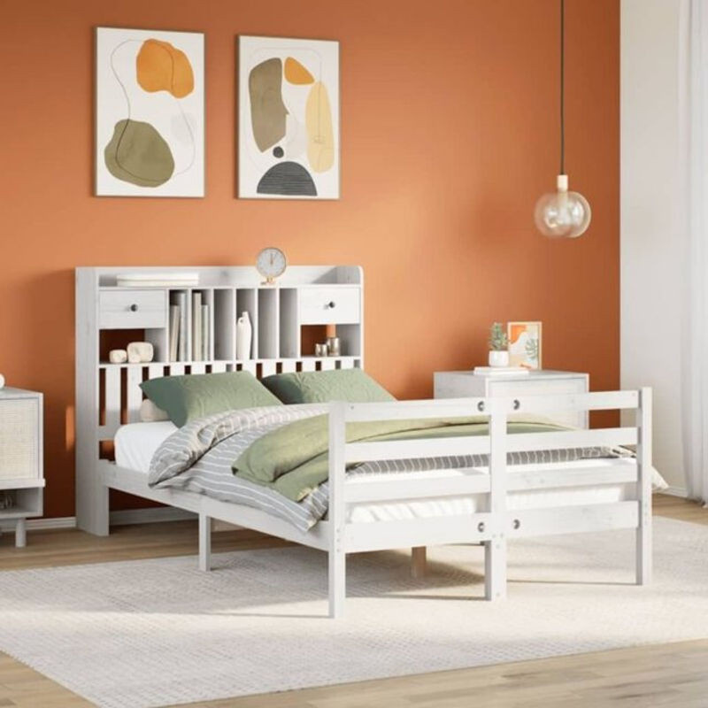 Massivholzbett Vidaxl aus Kiefer mit Regal in Weiß, B/T/H: 135 x 190 x 110 cm - Bild 1