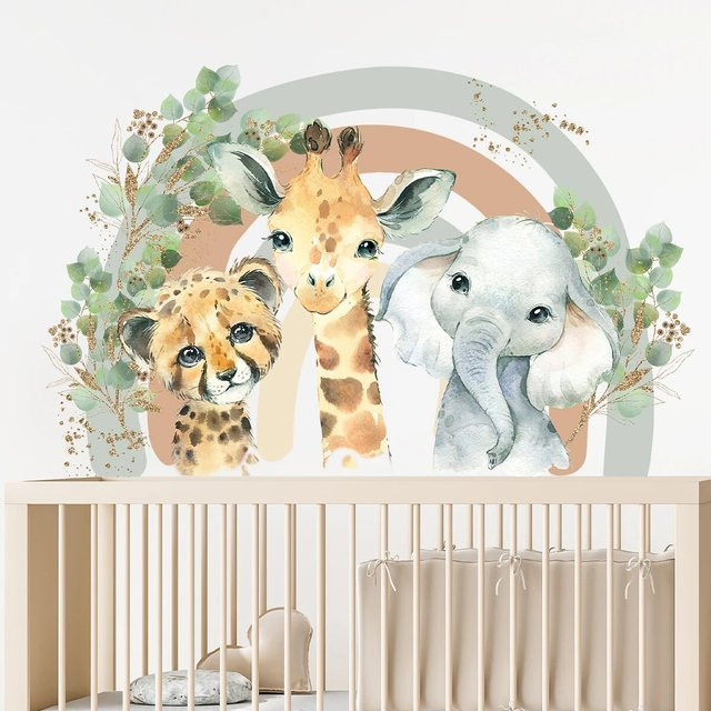 BRUP Wandaufkleber mit Cartoon Löwe Giraffe und Elefant für Kinderzimmer und Schlafzimmer, Multicolor - Bild 1