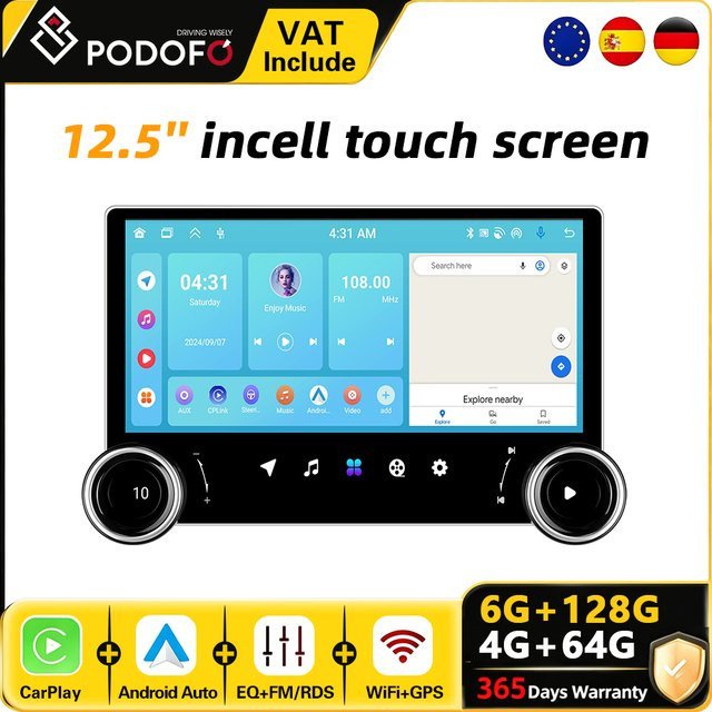 Podofo Android Autoradio mit 12,5 Zoll Display, 6 GB RAM und 128 GB Speicher, 2 DIN Multimedia-Player mit GPS, WiFi, Bluetooth, kabellosem CarPlay und Android Auto, Farbe: Schwarz - Bild 1