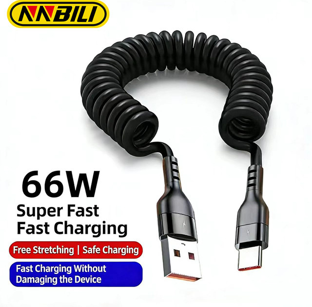 NNBILI USB-A auf USB-C Schnellladekabel 66W 5A Feder-Teleskopkabel in Schwarz für Samsung Huawei Xiaomi Redmi OnePlus - Bild 1