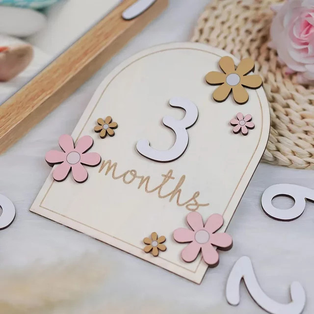 OIMG Baby Meilensteinkarten aus Holz mit floralem Design für Neugeborenen-Fotografie, doppelseitig für Mädchen und Jungen - Bild 1