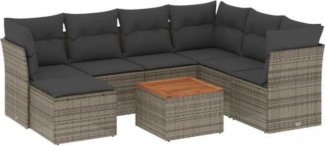 vidaXL 8-tlg Garten-Sofagarnitur L-Shape aus Polyrattan in Grau mit Kissen und Akazienholz - Bild 1