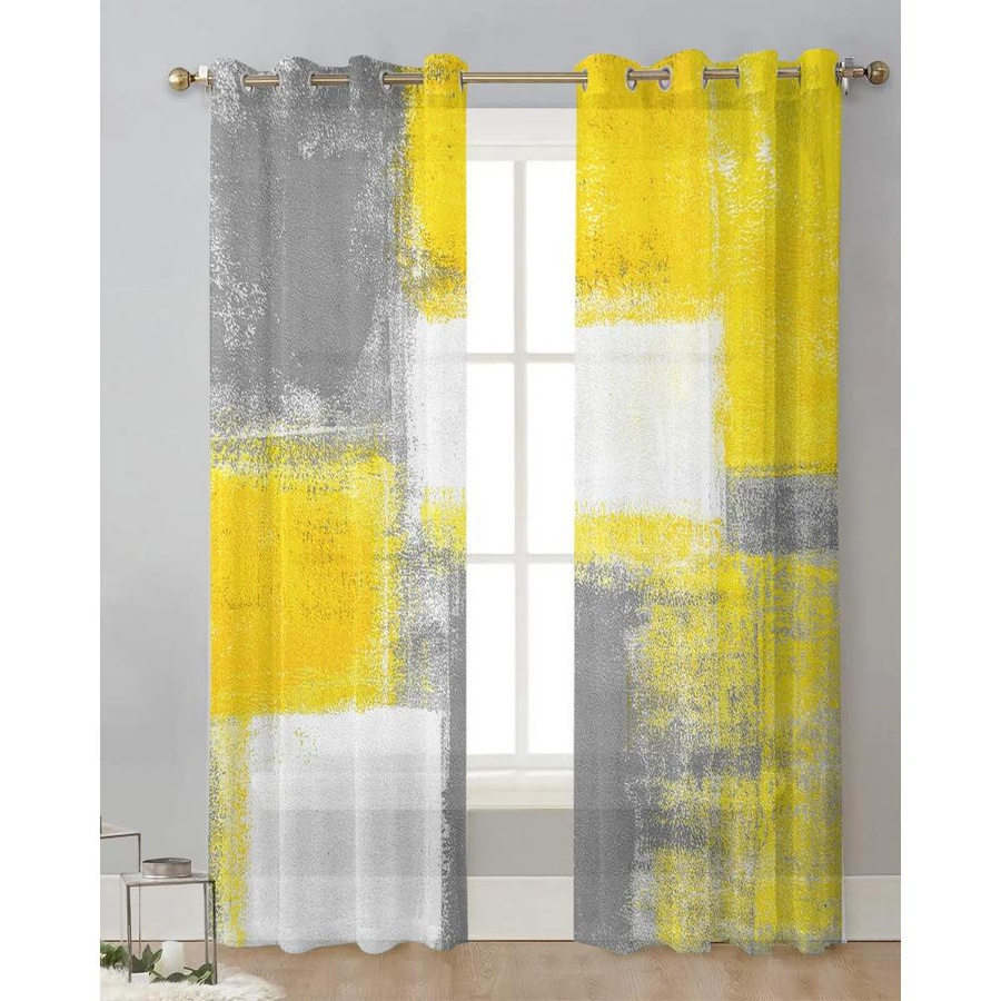 Yiran Furniture Transparente Voile-Vorhänge mit abstraktem geometrischem Ölgemälde-Design in Gelb und Grau, Breite: 135 cm, Höhe: 115 cm - Bild 1