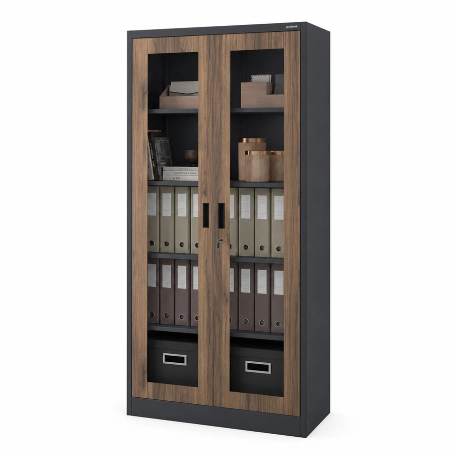 JAN NOWAK Metallschrank AMELIA mit Vitrine und Glastüren in Anthrazit und Nussbaum, H: 185 cm, B: 90 cm, T: 40 cm - Bild 2