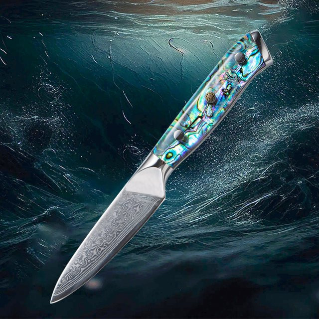 Professionelles Baovim Schälmesser aus 67-lagigem Damaststahl mit Abalone-Muschelgriff in Multicolour, Klingenlänge: 3,5 Zoll - Bild 1