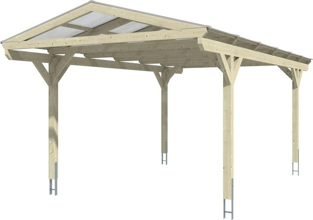 Skan Holz Carport Westerwald aus Fichte Leimholz in Eiche Hell mit Doppelstegplatten und spitzer Dachform, B/T: 362 x 648 cm, Höhe: 281 cm - Bild 1