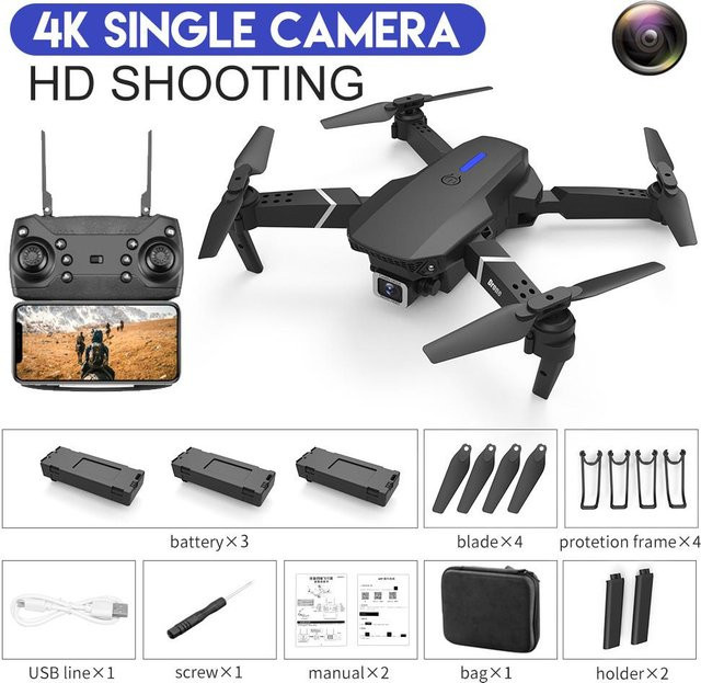 LYZRC E88 PRO Drohne mit 4K HD Kamera, optische Flusspositionierung, WiFi FPV und 3 Batterien in Schwarz - Bild 1