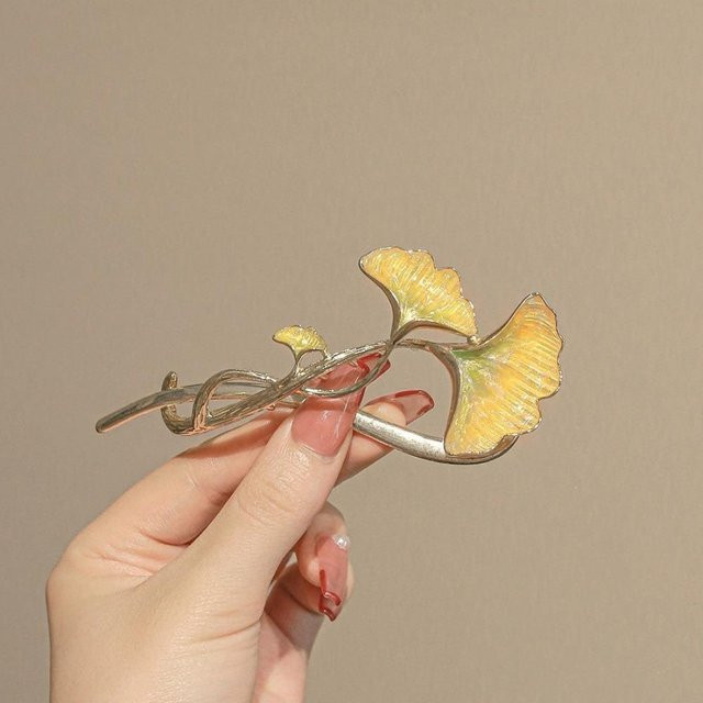 Haarnadel Ginkgo-Blatt, emailliertes Metall, goldgelb, Damen - Bild 1