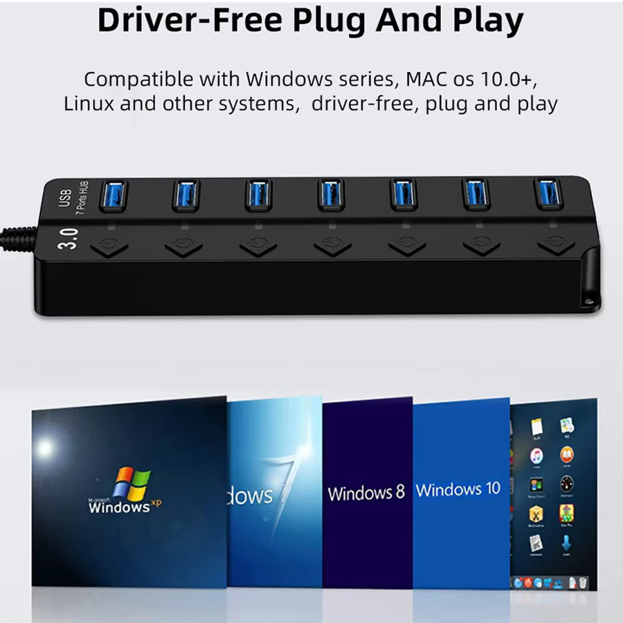 KEBIDUMEI 7-Port USB 3.0 Hub mit Ein/Aus-Schalter, USB-Dockingstation und OTG-Adapter, 5Gbps Übertragungsrate, Schwarz - Bild 4