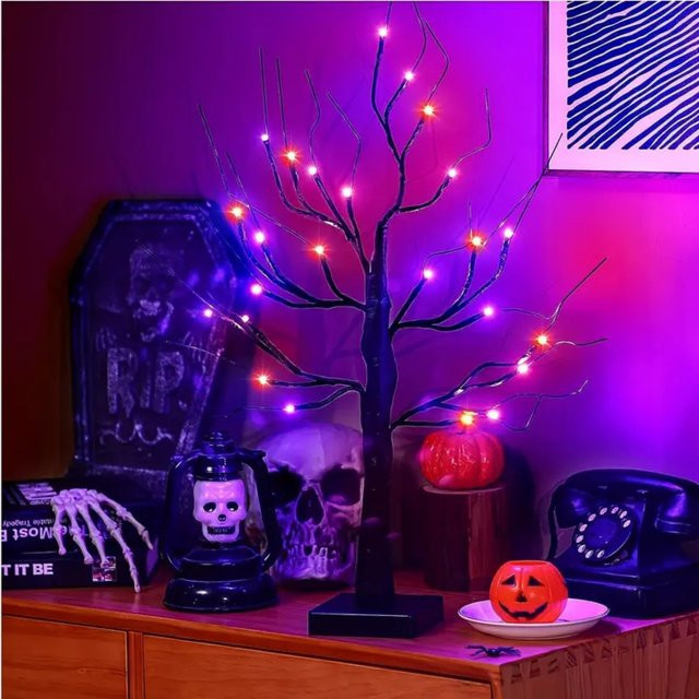 Peach Forest Halloween LED künstliche Birke mit 24 Lichtern in Orange und Lila, schwarze Zweige für die Tischdekoration - Bild 1