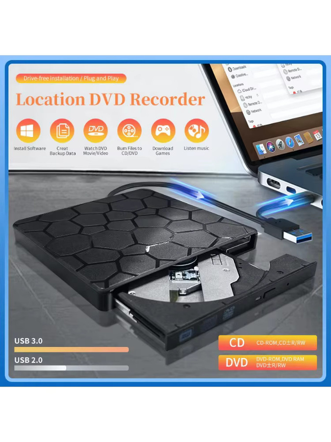 Muzisn 2-in-1 externes DVD-RW-Laufwerk mit USB 3.0 und USB-C Schnittstelle, schlanker DVD-CD-Brenner und optisches Lesegerät in Schwarz - Bild 5