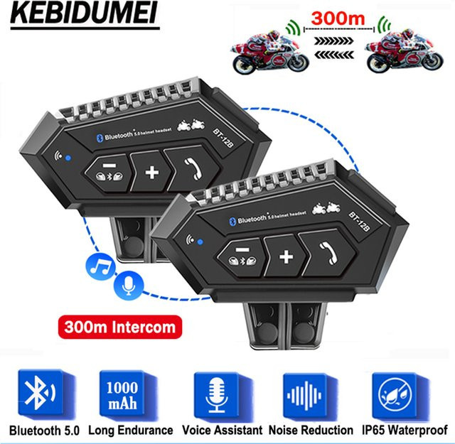 kebidumei BT-12B Motorrad-Gegensprechanlage mit Bluetooth-Headset, IP65 wasserdicht, Freisprecheinrichtung für 2 Fahrer, Schwarz - Bild 1