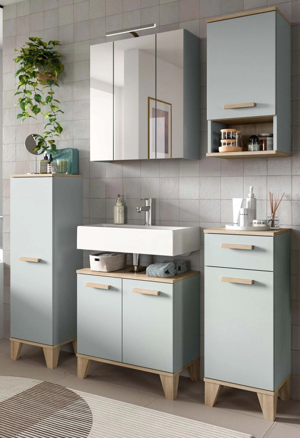 Badmöbel Set Luna von Inn.Furn, 5-teilig, grün und Eiche, modern, mit LED-Beleuchtung und Spiegelschrank, Breite: 158 cm, Höhe: 190 cm, Tiefe: 34 cm - Bild 1