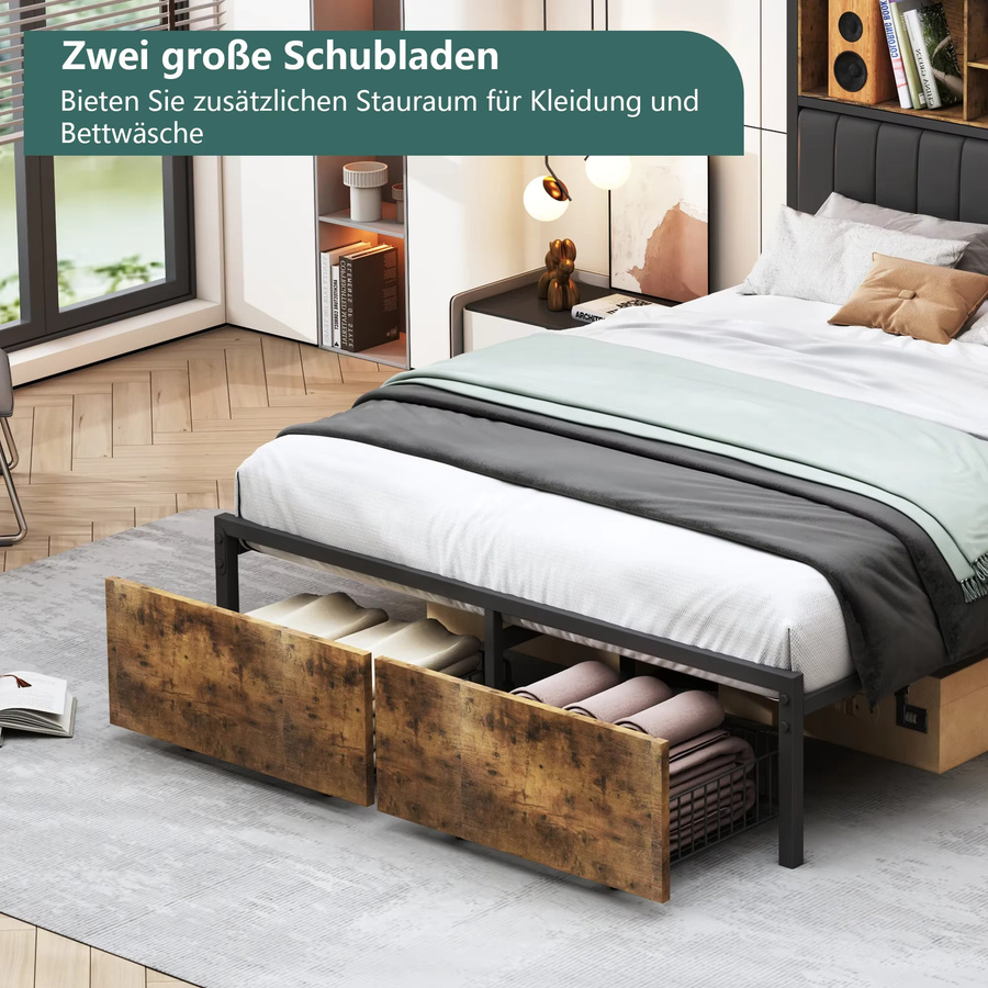 Anajqaqia Doppelbett im Industriestil aus Metall und Holz mit LED-Beleuchtung, 2 Schubladen und Stauraum im Kopfteil, Schwarz, B/T/H: 140 x 200 cm - Bild 7