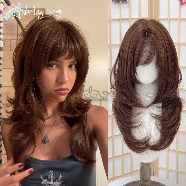 Ashley Brown Perücke für Damen, 20 Zoll, synthetisch, mit Pony - Bild 1