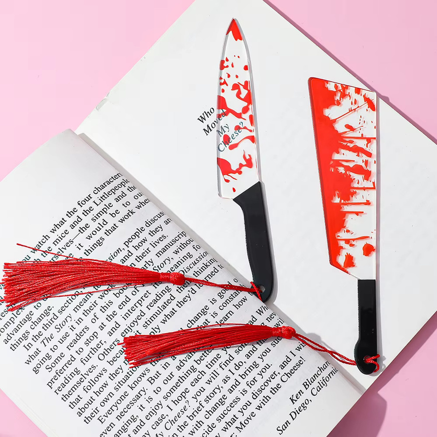Potdemiel Horror-Messer Lesezeichen aus klarem Acryl mit Quaste in Transparent, Sägeblatt mit Blut Design für Halloween und Bücherwürmer - Bild 4