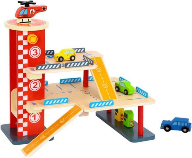 Tooky Toy Holz-Parkhaus mit Tankstelle bunt 22-tlg. Set - Bild 1