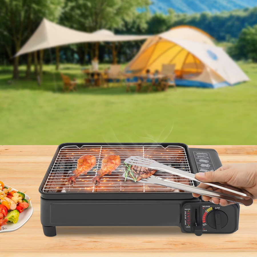 Tragbarer Butan-Campinggrill mit Koffer, 2,2 kW Tisch-Gasbrenner in Schwarz für Outdoor und Picknick, B/T/H: 42,0 x 26,0 x 11,0 cm - Bild 2