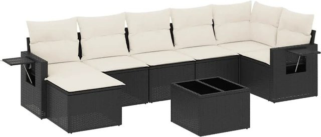 vidaXL 8-tlg. Garten-Sofagarnitur in L-Form aus Poly-Rattan und pulverbeschichtetem Stahl mit Kissen in Schwarz-Creme - Bild 1