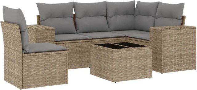 vidaXL 6-teilige Garten-Sofagarnitur in L-Form aus beige farbenem Poly-Rattan mit wetterfesten Kissen und pulverbeschichtetem Stahlgestell - Bild 1