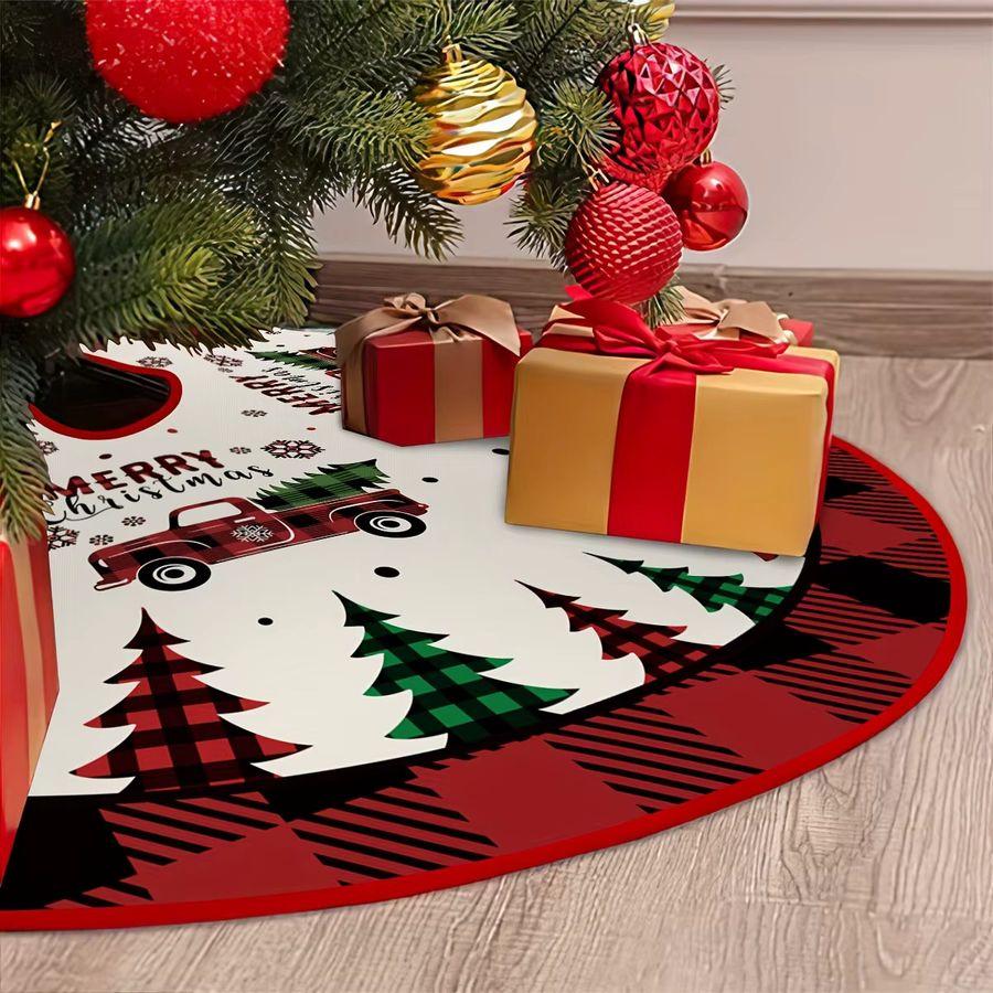 VIKAMA Weihnachtsbaumrock im Vintage Landhausstil mit kariertem Muster und Schneeflocken-LKW-Aufdruck inklusive Kissen - Bild 2