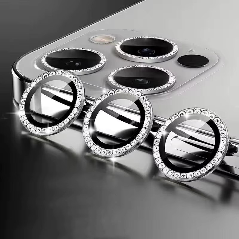 Diamant Kamera Schutz für iPhone 16 17 15 14 12 Pro Max mit gehärtetem Glas und Metallringen in Schwarz und Silber - Bild 3